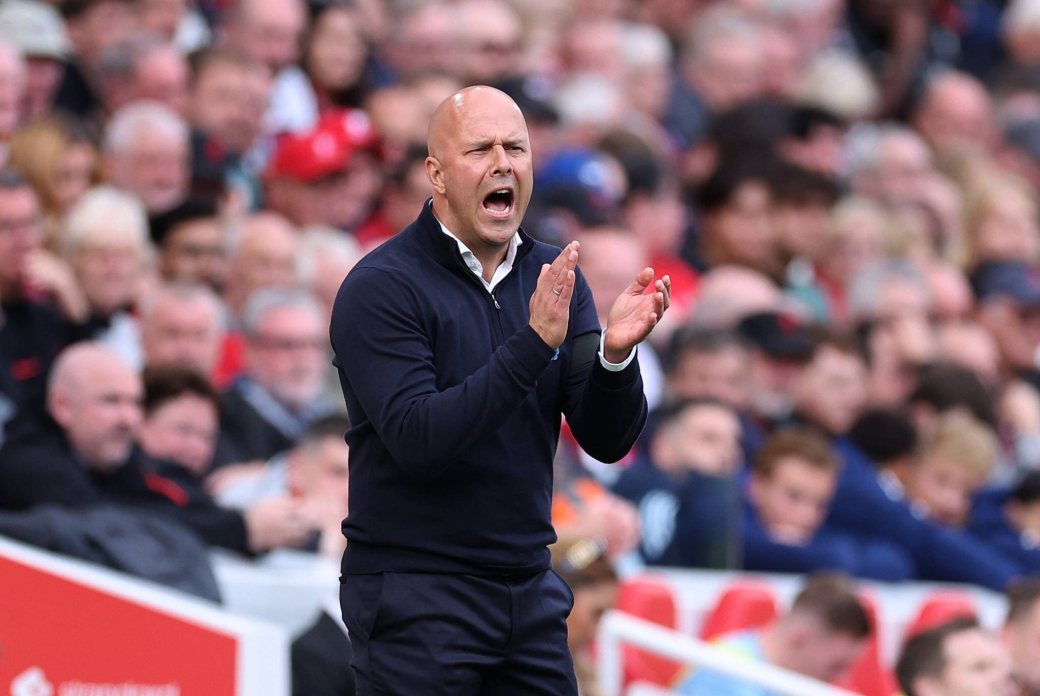 Arne Slot, manager of Liverpool, reacts during the Premier League match between Liverpool FC and Nottingham Forest FC at Anfield in Liverpool, England, September 14, 2024. /CFP