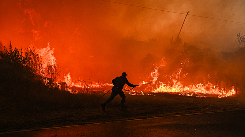 Residents try to fight the fire as they see the forest lands around their houses burning at Soalhaes in Marco de Canaveses, Portugal, September 17, 2024. /CFP