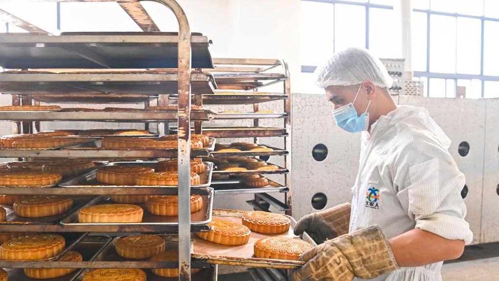 A baker arranges freshly baked mooncakes at a workshop in Hepu County, south China's Guangxi Zhuang Autonomous Region, September 11, 2024. /Xinhua