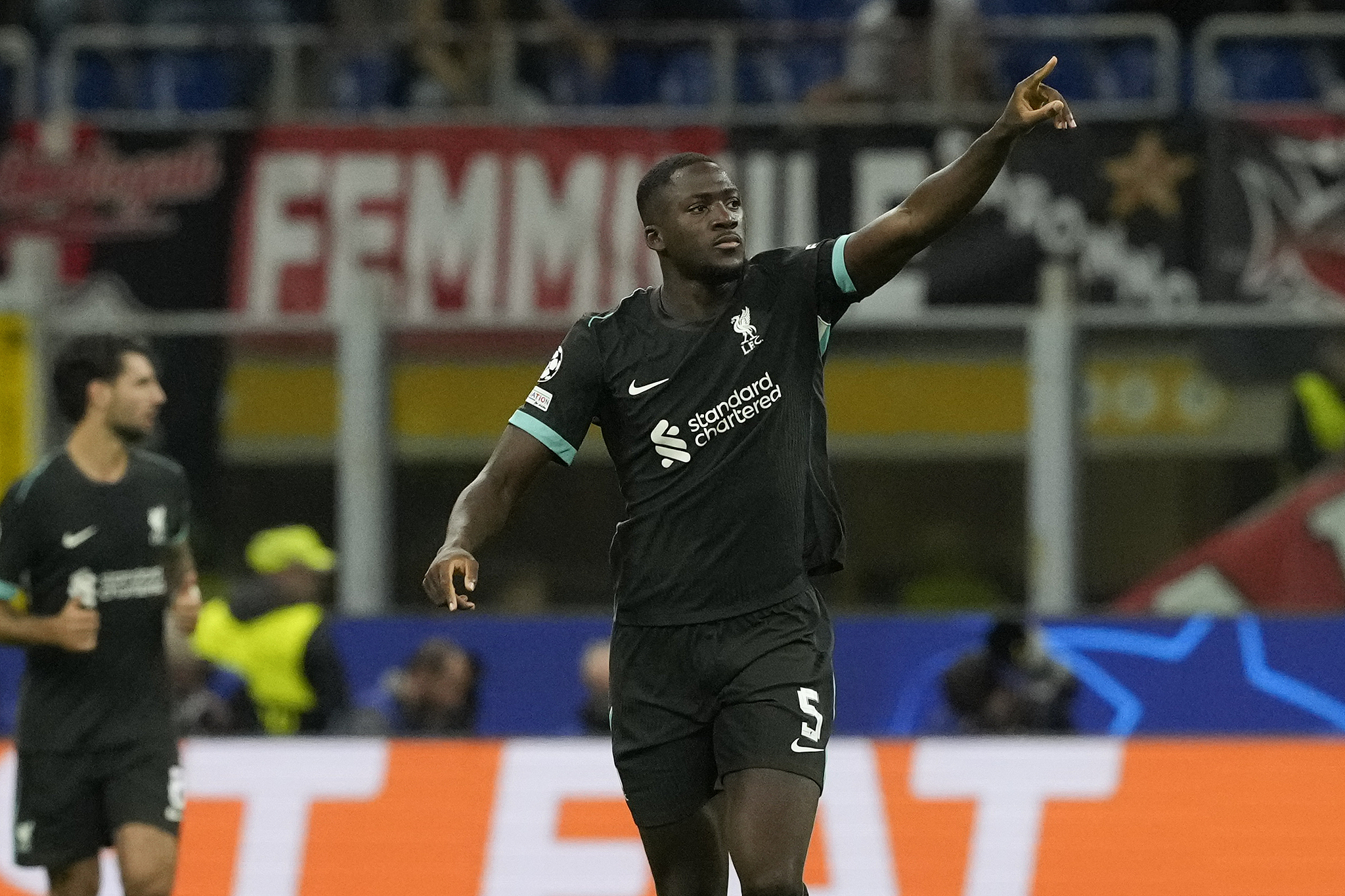 Ibrahima Konate (#5) of Liverpool celebrates after scoring a goal against AC Milan in a UEFA Champions League game at the San Siro Stadium in Milan, Italy, September 17, 2024. /CFP