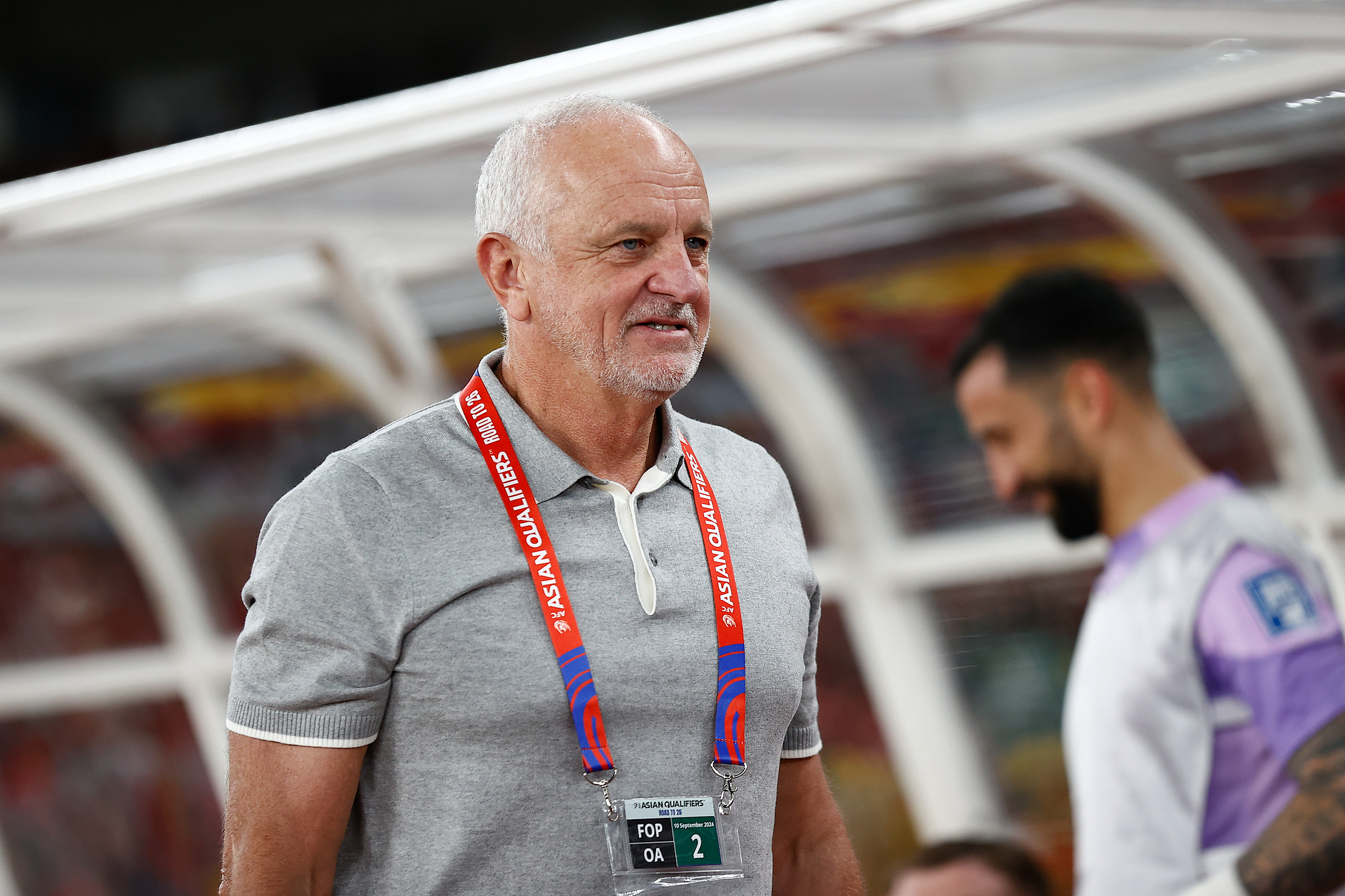 Pelatih kepala Australia, Graham Arnold, terlihat dalam pertandingan kualifikasi Piala Dunia FIFA 2026 Konfederasi Sepak Bola Asia melawan Indonesia di Stadion Gelora Bung Karno di Jakarta, Indonesia, 10 September 2024. /CFP 