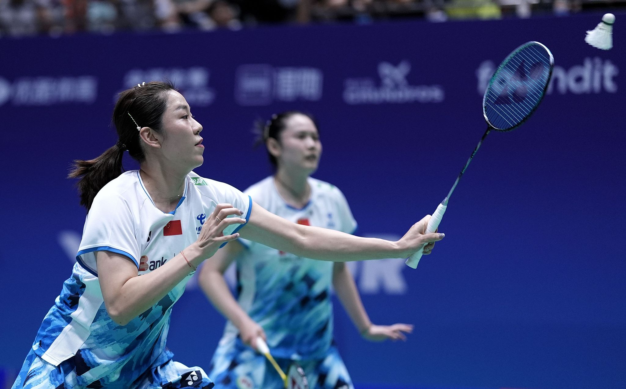 Jia Yifan (L) and Zheng Yu of China compete in the women's doubles match against Sung Shuo-yun and Yu Chien-hui of Chinese Taipei at the China Open in Changzhou, east China's Jiangsu Province, September 19, 2024. /CFP