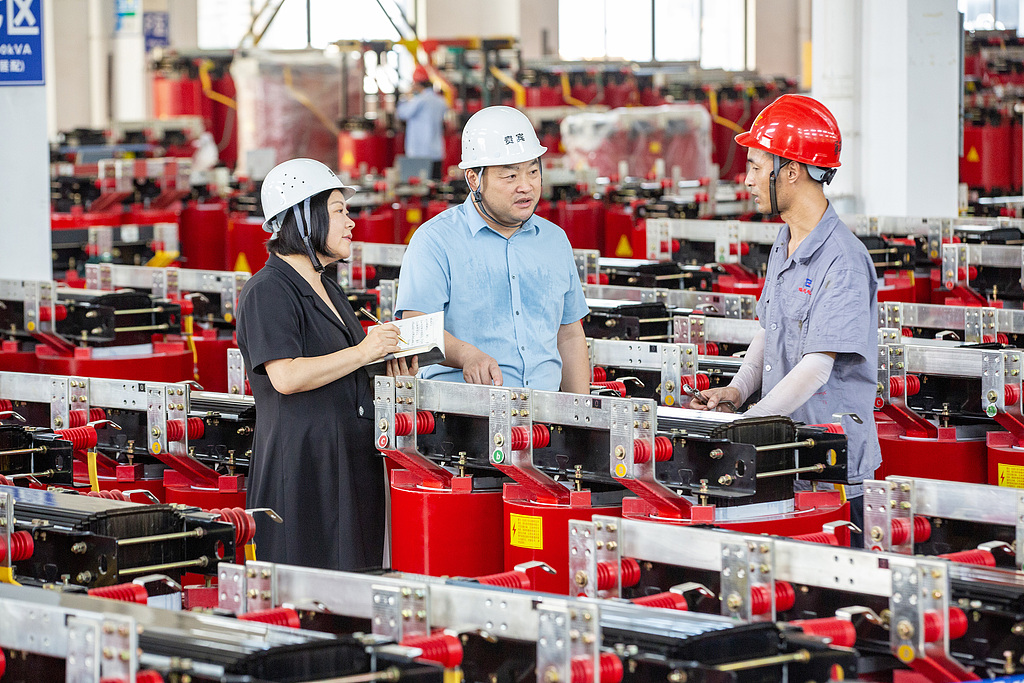 Two CPPCC members conduct research at a electric company, Nantong City, east China's Jiangsu Province, August 23, 2024. /CFP