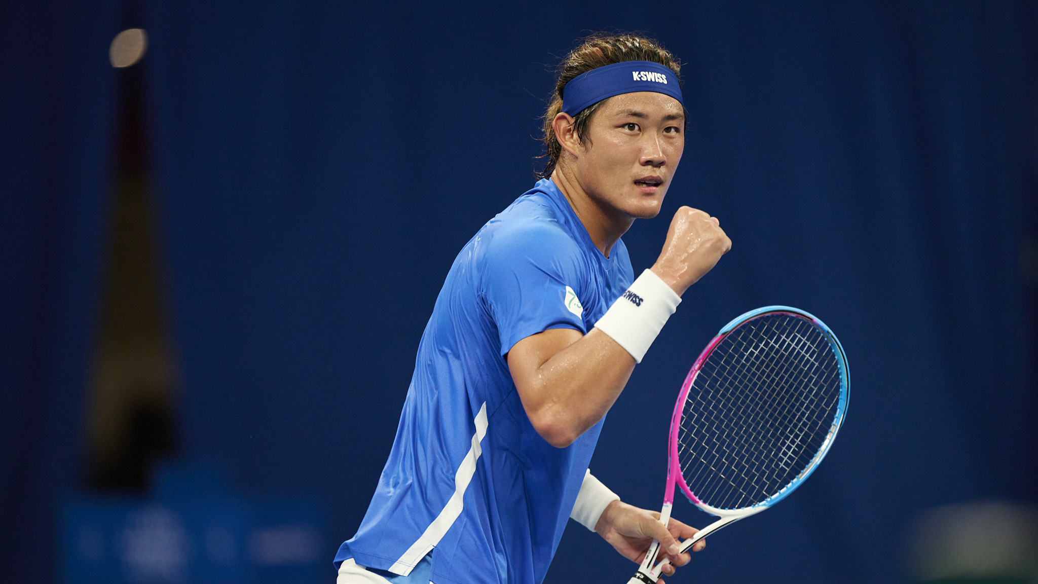 China's Zhang Zhizhen celebrates during ATP Hangzhou Open men's singles first round in Hangzhou, east China's Zhejiang Province, September 20, 2024. /CFP