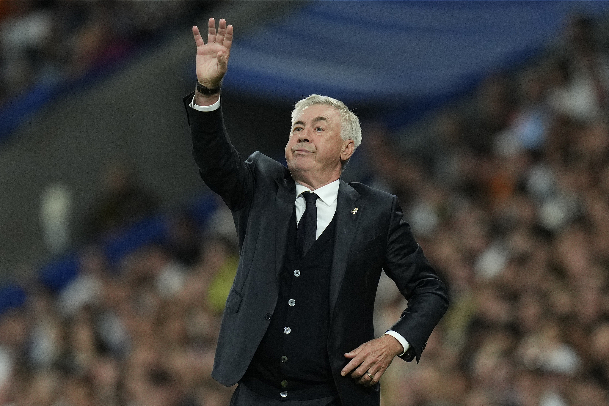 Carlo Ancelotti, coach of Real Madrid, gestures during his team's Spanish La Liga game against Espanyol at the Santiago Bernabeu Stadium in Madrid, Spain, September 21, 2024. /CFP