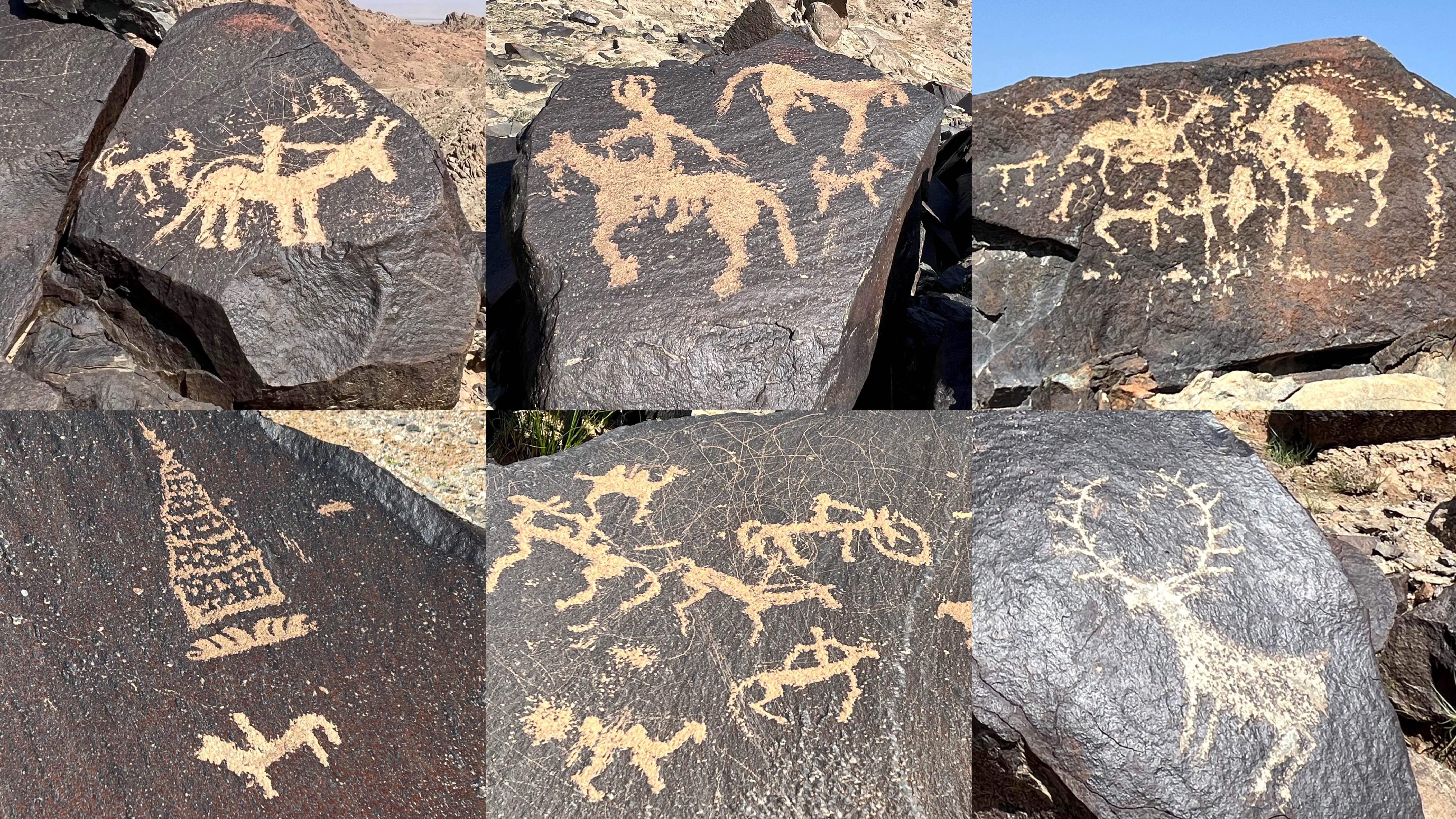 Rock carvings in the Mandela Mountains depict a series of hunting scenes involving horses, deer and sheep, September 22, 2024. /CGTN