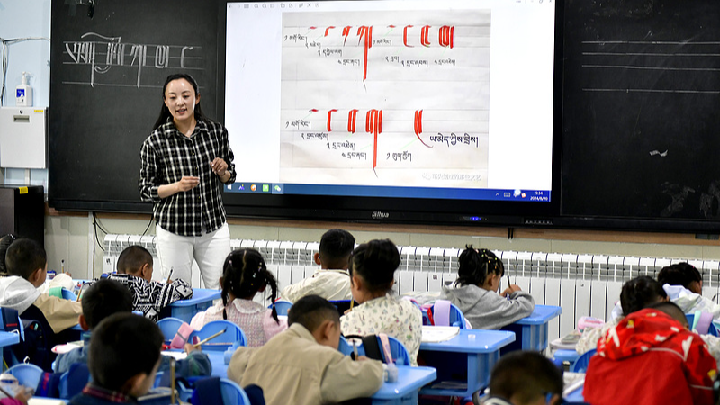 Students attend the Tibetan language class in Lhasa No. 1 Primary School in Lhasa, southwest China's Xizang Autonomous Region, August 20, 2024. /CFP