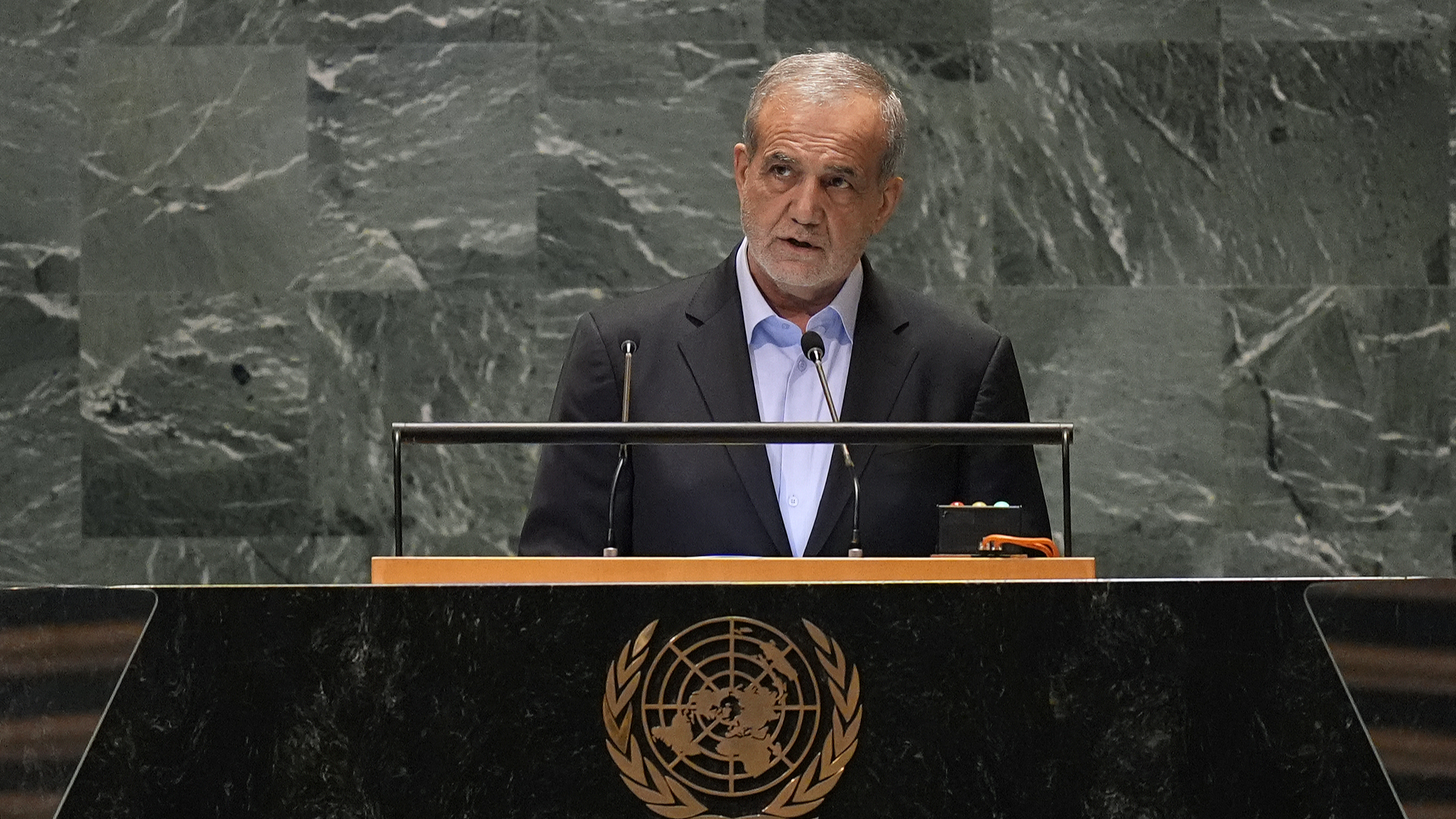 President of Iran Masoud Pezeshkian addresses the 79th session of the United Nations General Assembly, September 24, 2024. /CFP