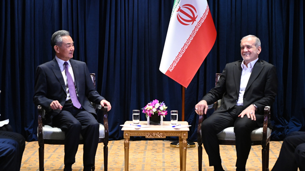 Iranian President Masoud Pezeshkian meets with Chinese Foreign Minister Wang Yi in New York, United States, September 24, 2024. /Ministry of Foreign Affairs of the People's Republic of China