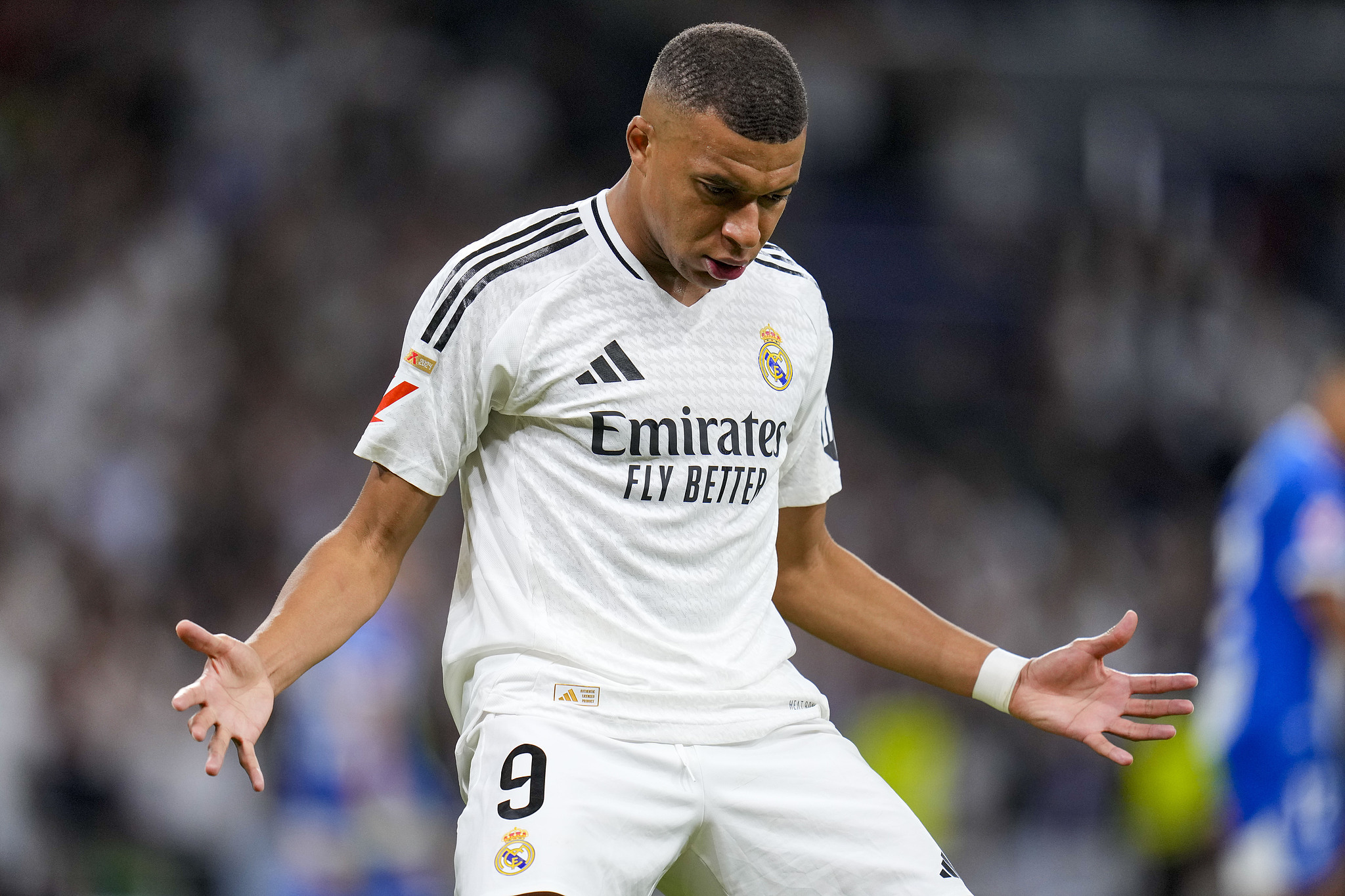 Kylian Mbappe of Real Madrid celebrates after scoring a goal against Alaves in a Spanish La Liga match at the Santiago Bernabeu Stadium in Madrid, Spain, September 24, 2024. /CFP