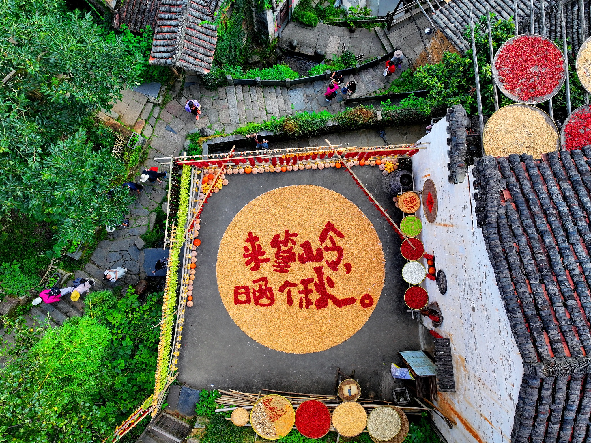 Trays of red peppers, corn, pumpkins and other crops are sun-dried in Shangrao, Jiangxi Province on August 10, 2023. /CFP