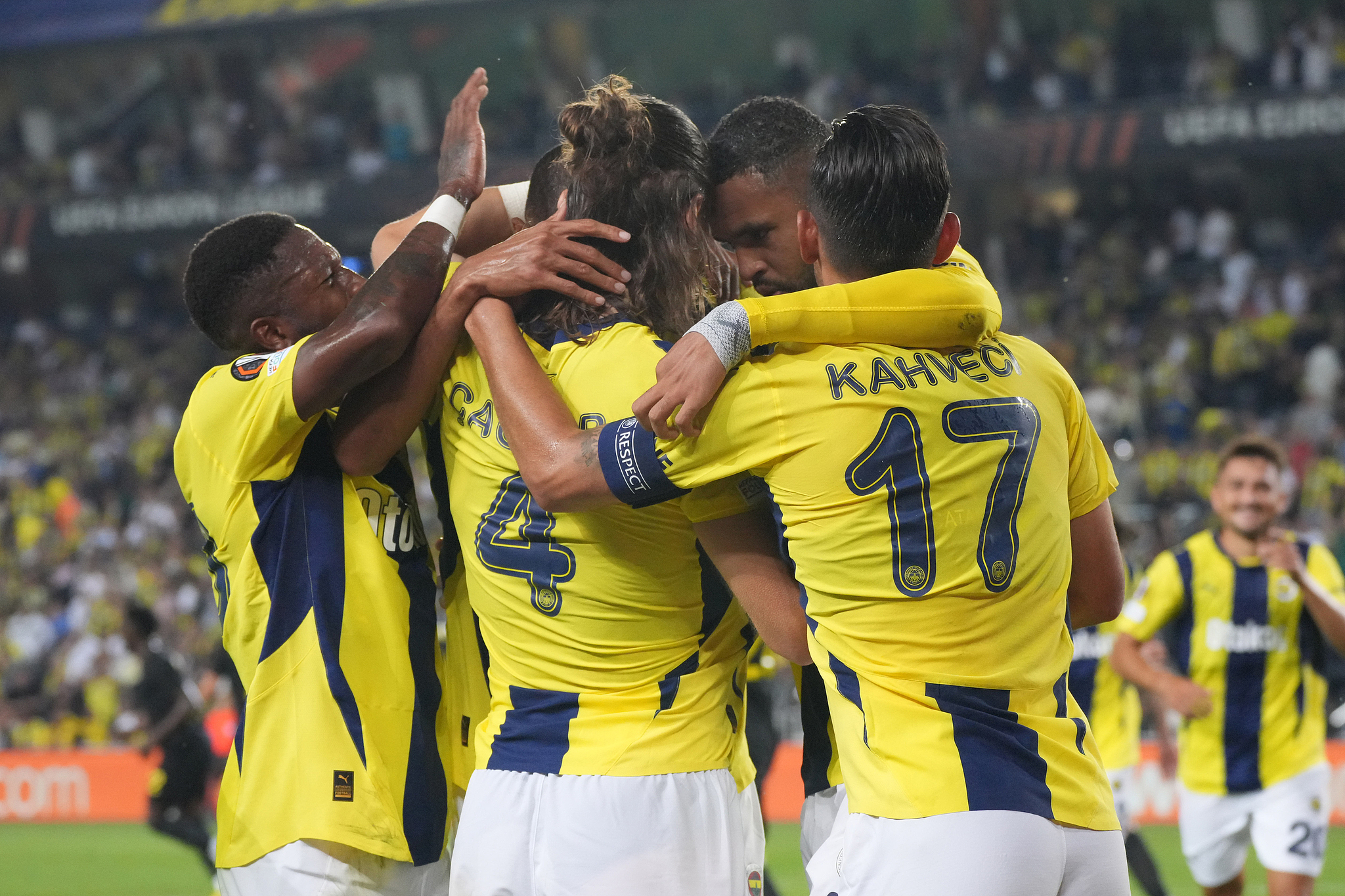 Players of Fenerbahce celebrate after scoring a goal in the UEFA Europa League game against Union Saint-Gilloise at Ulker Stadium in Istanbul, Türkiye, September 26, 2024. /CFP 