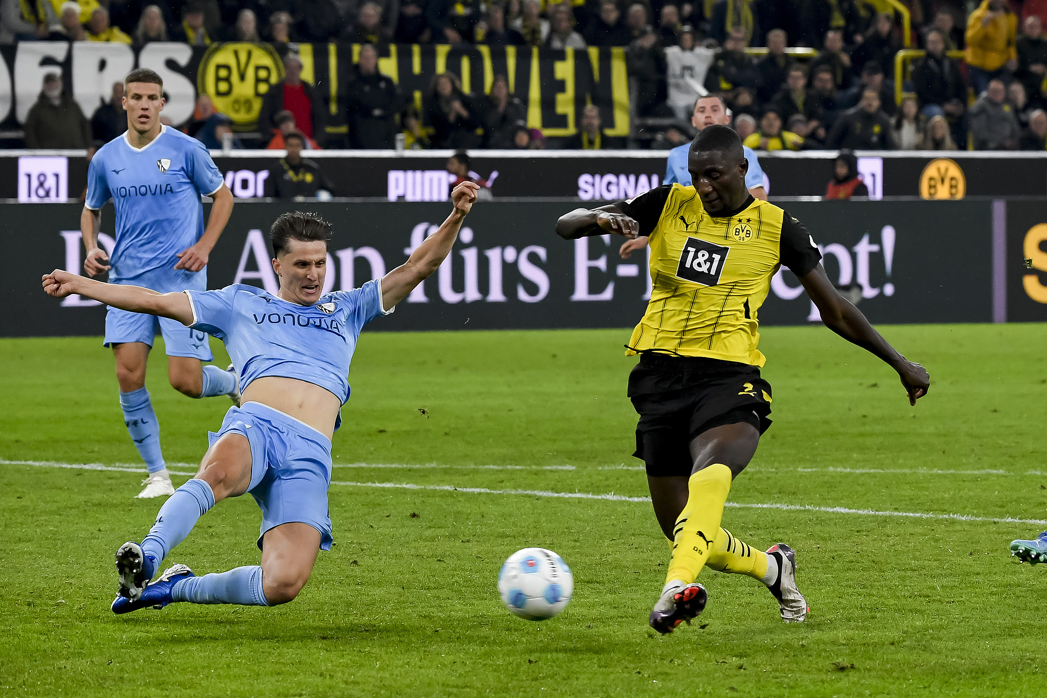 Serhou Guirassy (R) of Borussia Dortmund shoots to score in the Bundesliga game against Bochum at Signal Iduna Park in Dortmund, Germany, September 27, 2024. /CFP