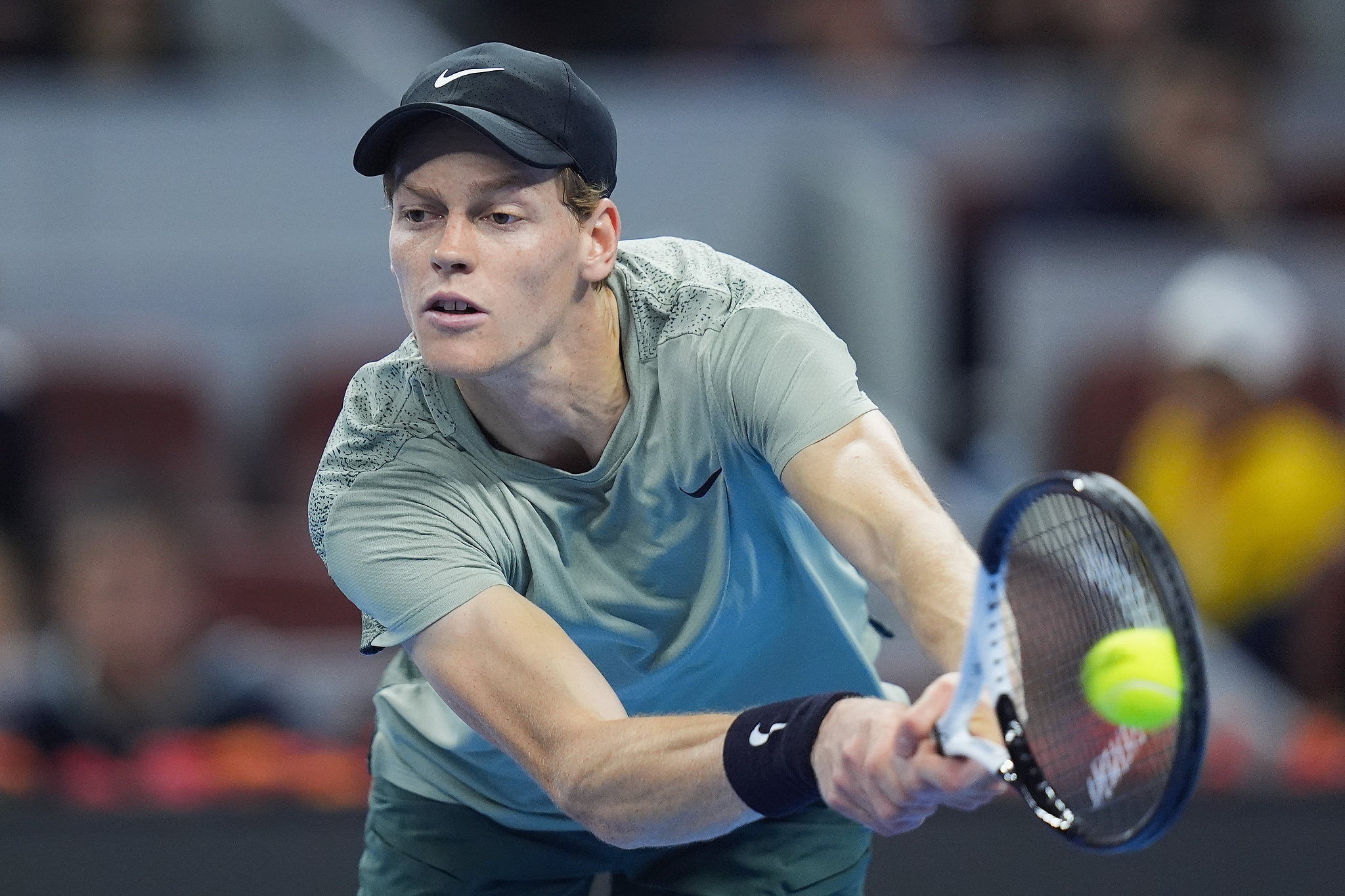 Jannik Sinner of Italy hits a shot against Buyunchaokete of China in the men's singles semifinals at the China Open in Beijing, October 1, 2024. /CFP