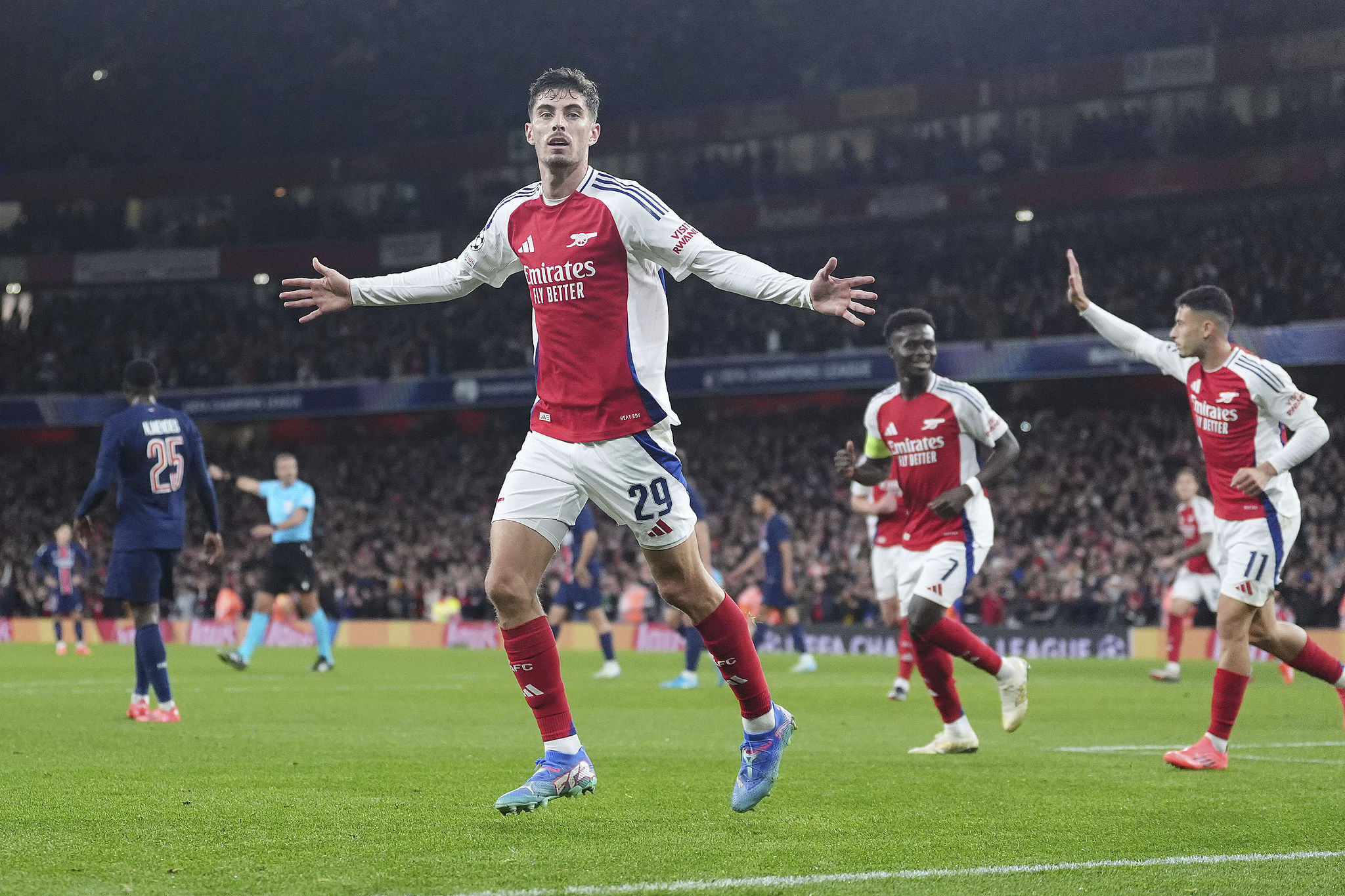 Kai Havertz (#29) of Arsenal celebrates after scoring a goal against Paris Saint-Germain in the league phase of the UEFA Champions League at the Emirates Stadium in London, England, October 1, 2024. /CFP