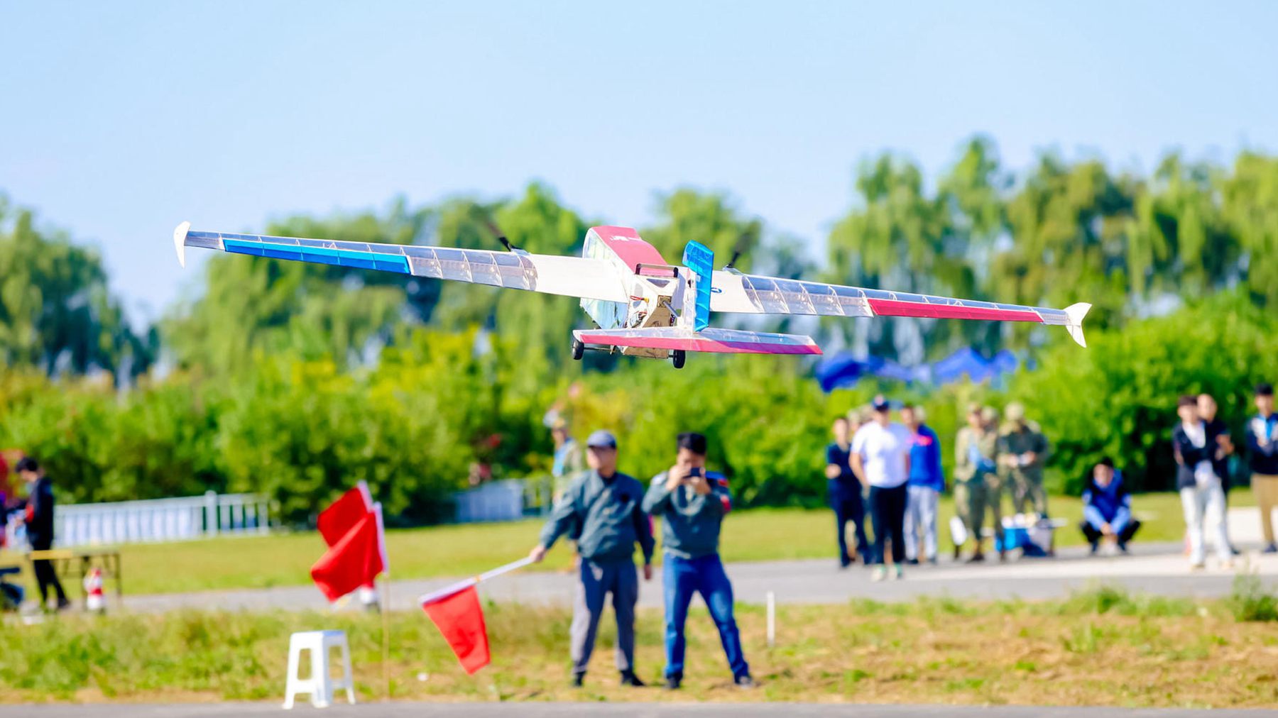 An aircraft competing in the 2024 China University Aircraft Design Competition 
in Dingzhou City, Hebei Province, north China, October 1, 2024. /Chinese Society of Aeronautics and Astronautics, 2024 China University Aircraft Design Competition