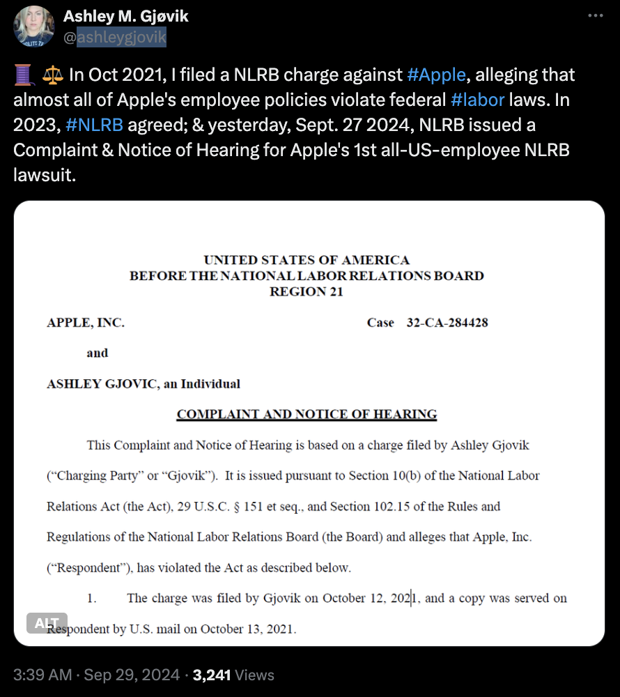 Ashley Gjovik, a former Apple employee, filed a charge against the company with the National Labor Relations Board. /@ashleygjovik