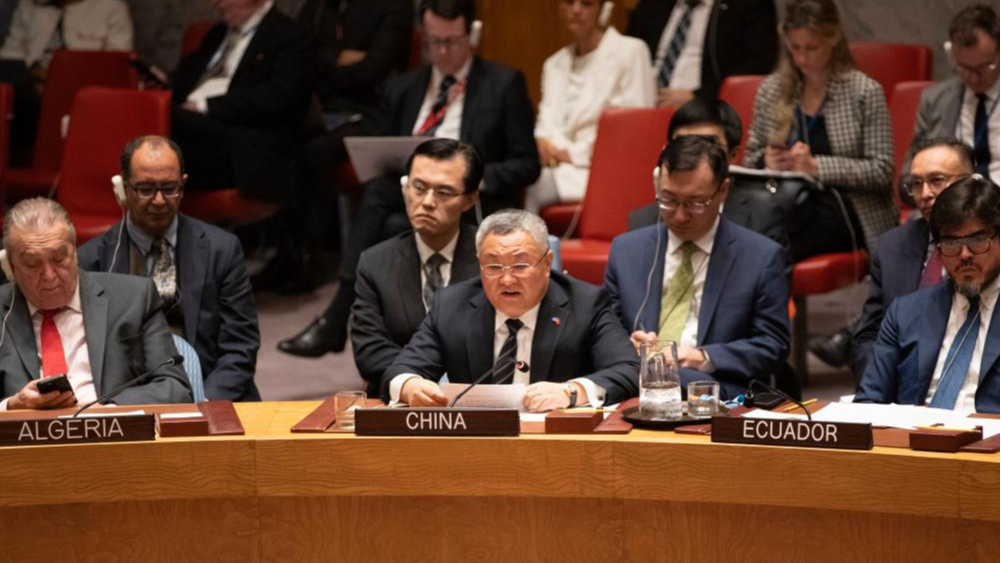 Fu Cong, China's permanent representative to the United Nations, speaks at the UN Security Council briefing on the Lebanese-Israeli situation at the UN headquarters in New York, October 2, 2024. /Xinhua