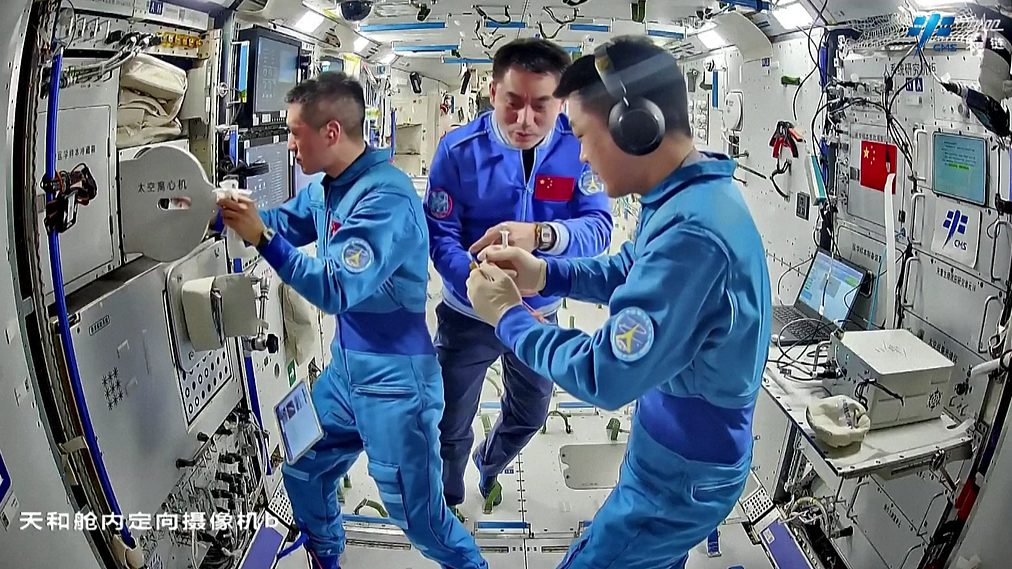 China's Shenzhou-18 crew working at the space station. /CFP