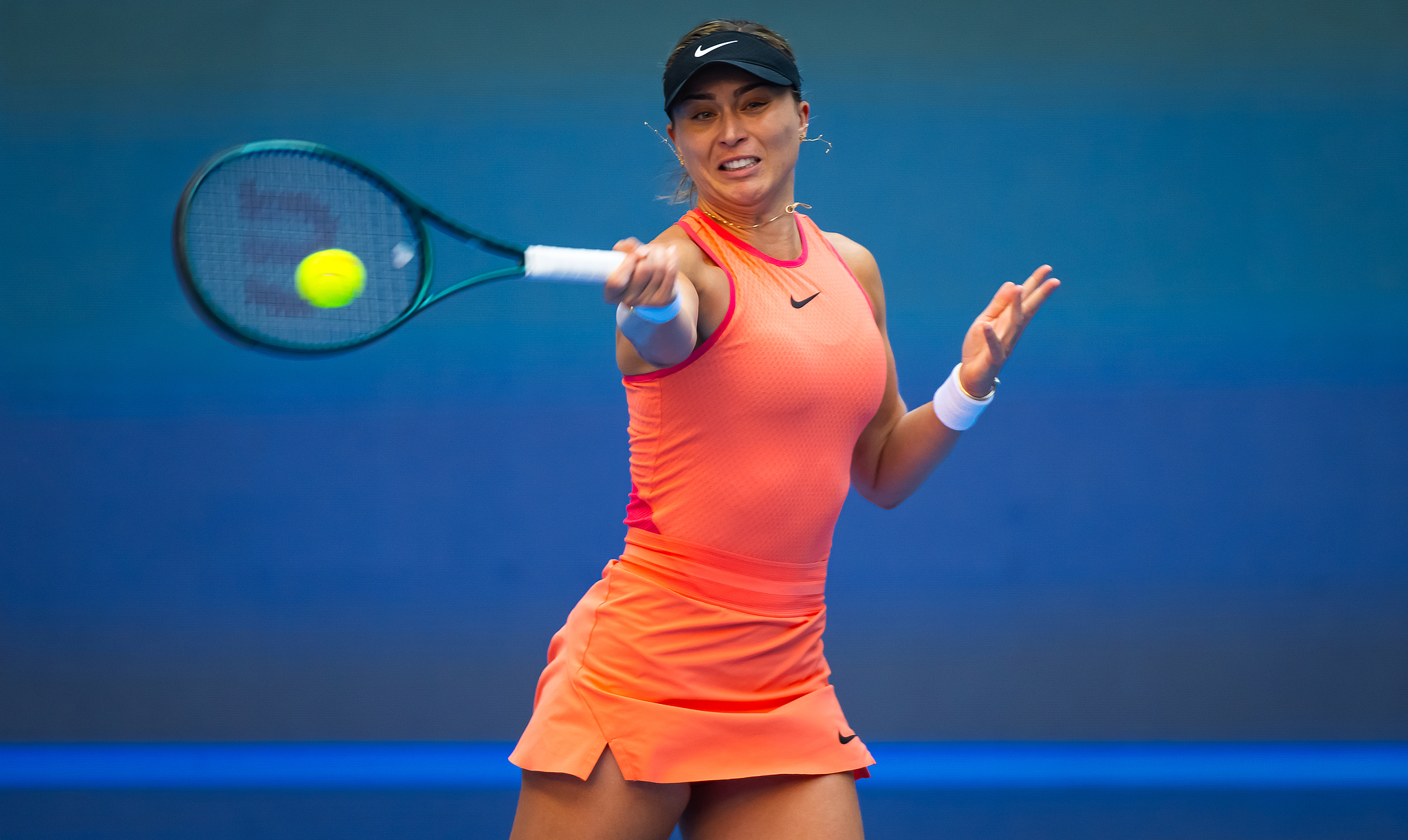 Paula Badosa of Spain hits a shot in the women's singles quarterfinals against Zhang Shuai of China at the China Open in Beijing, October 3, 2024. /CFP