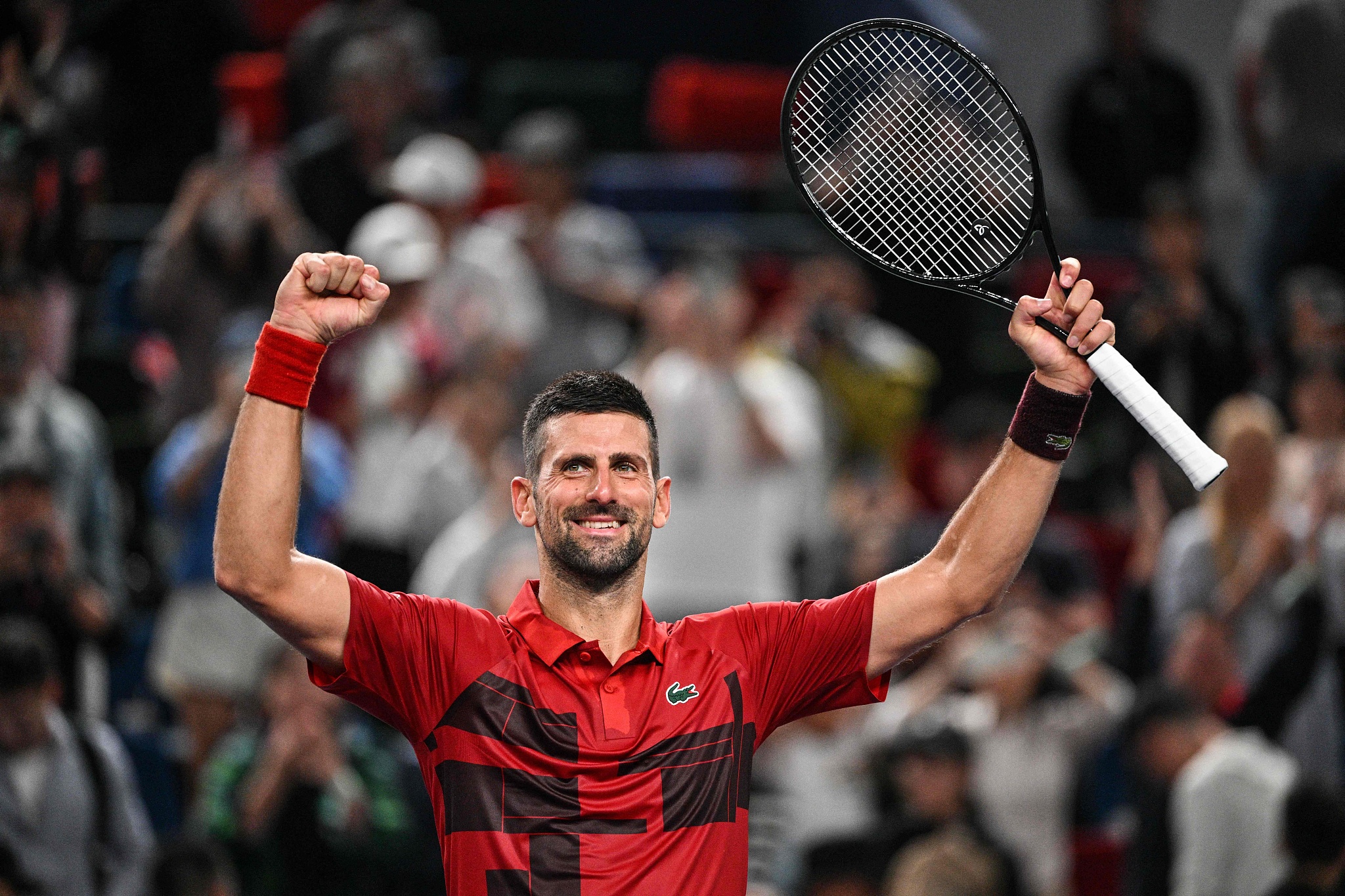 Novak Djokovic of Serbia celebrates his victory at the Shanghai Masters tennis tournament in Shanghai, China, October 5, 2024. /CFP