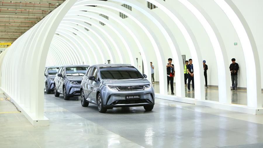 New energy vehicles on display at the inauguration of BYD's new plant in Rayong Province, Thailand, July 4, 2024. /Xinhua