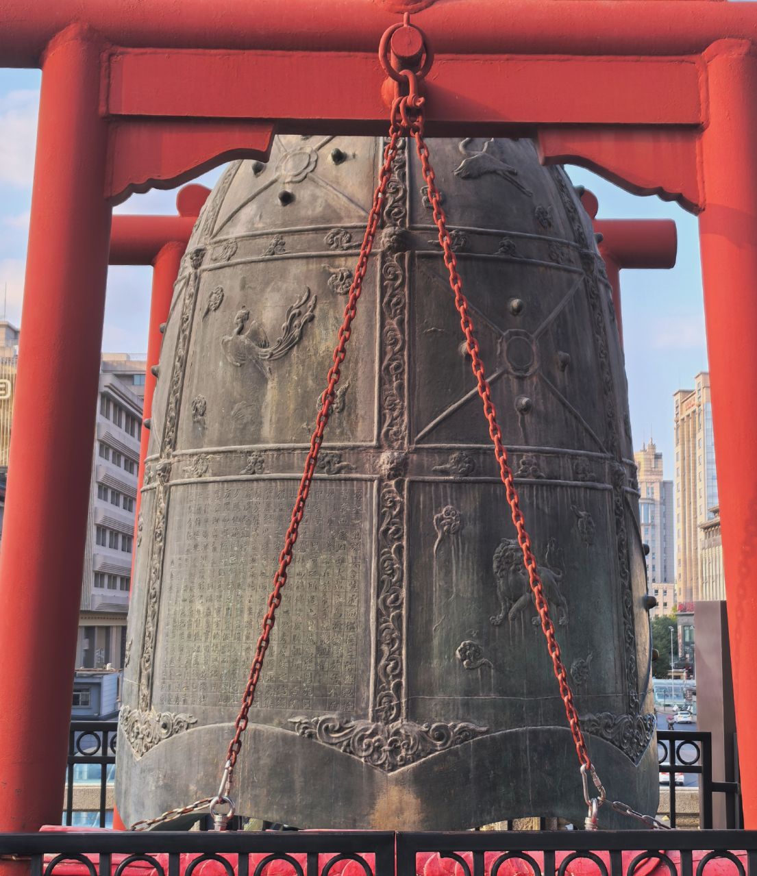 A giant bronze bell is on display in the Bell Tower in Xi'an, northwest China's Shaanxi Province. /CGTN