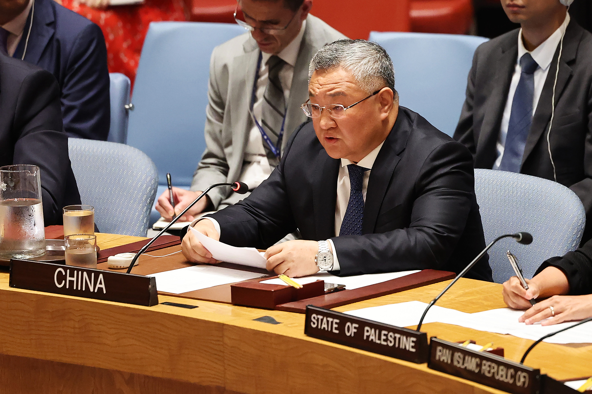 China's Permanent Representative to the United Nations Fu Cong speaks during a UN Security Council meeting on the situation in the Middle East, New York, U.S., July 31, 2024. /CFP