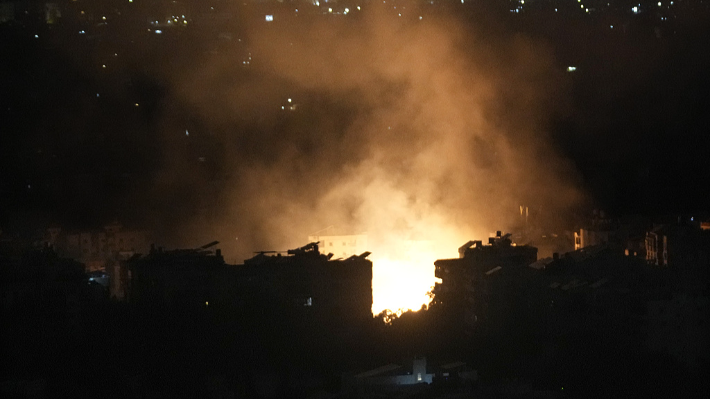 Flames and smoke rise from an Israeli air strike in Dahiyeh, Beirut, Lebanon, Monday, October 7, 2024. /CFP