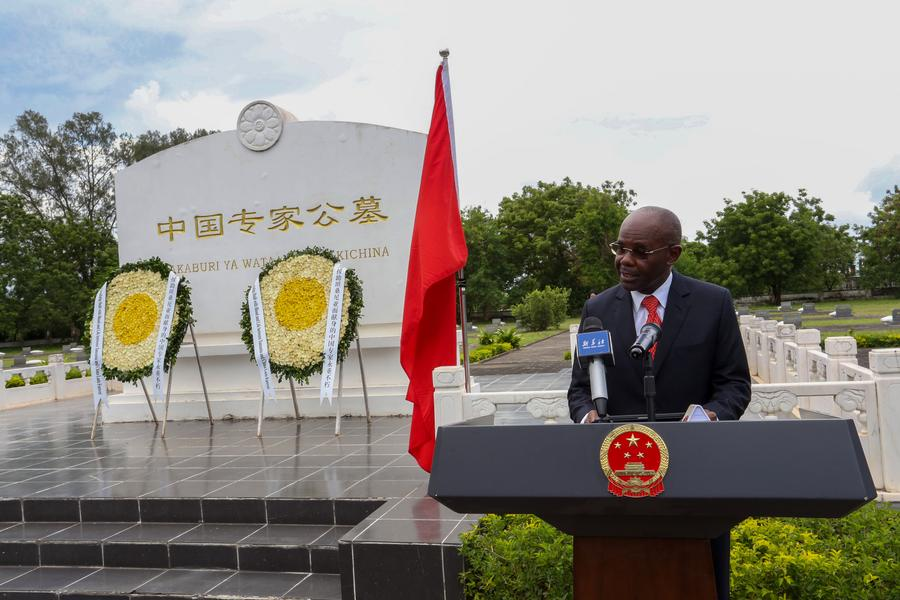 Tanzanian Minister of Transport Makame Mbarawa speaks during a ceremony to honor the Chinese people who died during the construction of the TAZARA railway at the Chinese experts' cemetery in Dar es Salaam, Tanzania, April 2, 2024. /Xinhua