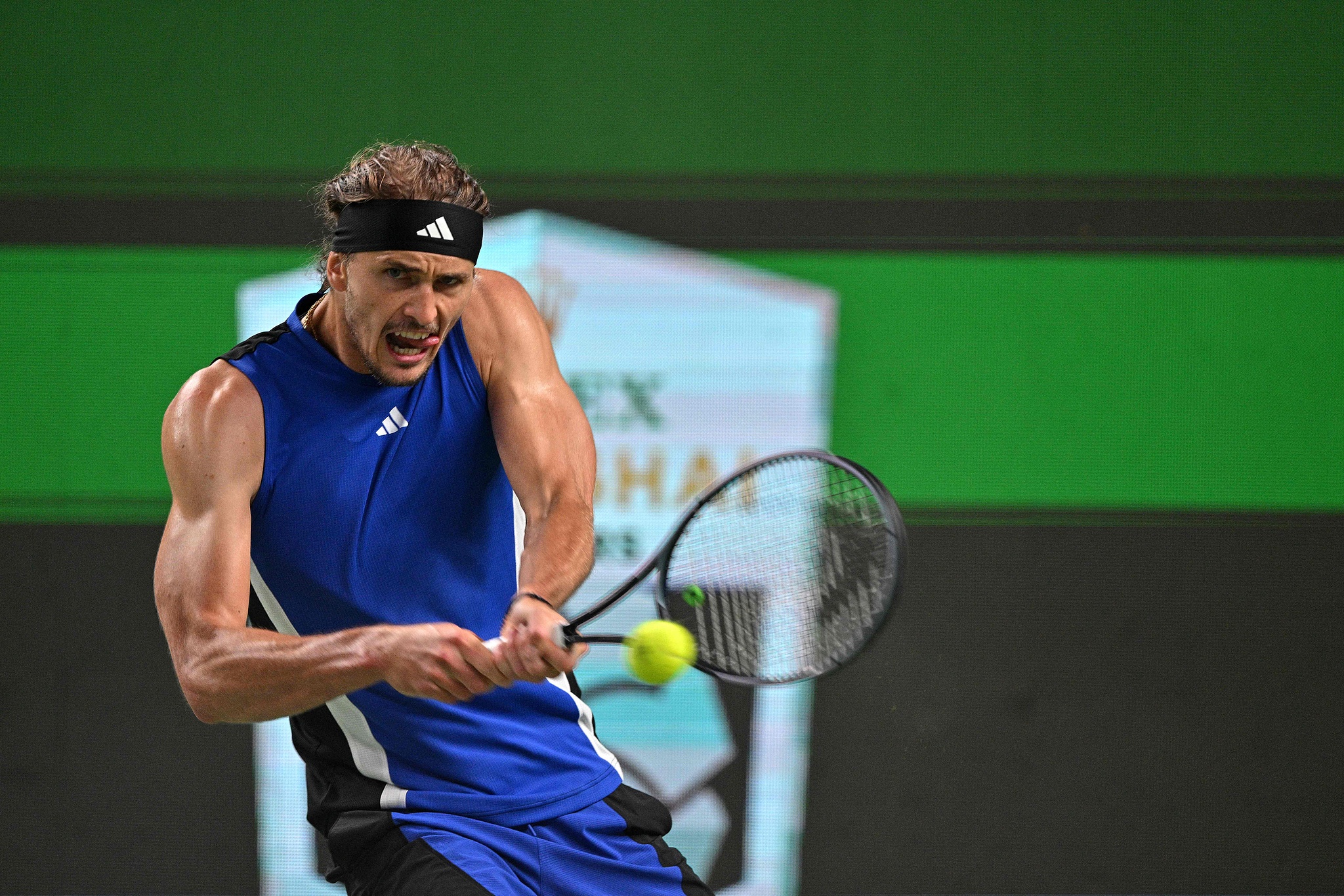 Alexander Zverev of Germany hits a shot in the men's singles match against Tallon Griekspoor of the Netherlands at the Shanghai Masters in east China's Shanghai Municipality, October 8, 2024. /CFP