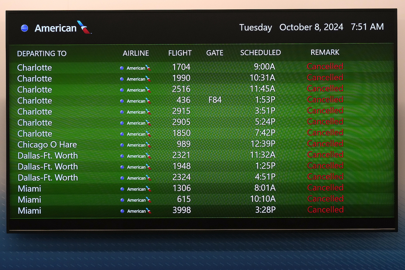 A message board at the Tampa International Airport shows all American Airlines departing flights canceled in Tampa, Florida, the U.S., October 8, 2024. /CFP