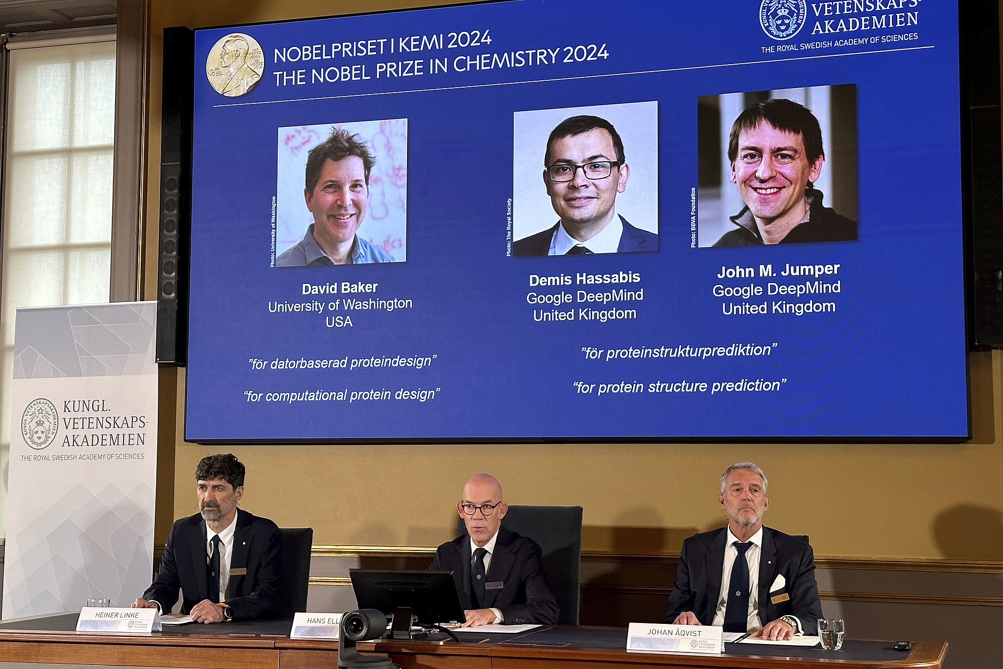 Scientists David Baker, Demis Hassabis and John Jumper won the 2024 Nobel Prize in Chemistry, Sweden, Stockholm, October 9, 2024. /CFP