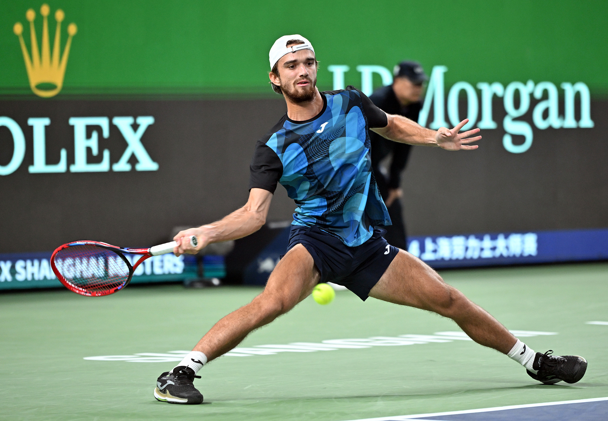 Tomas Machac of the Czech Republic hits a shot against Carlos Alcarez of Spain in the men's singles quarterfinals at the Shanghai Masters in east China's Shanghai Municipality, October 10, 2024. /CFP