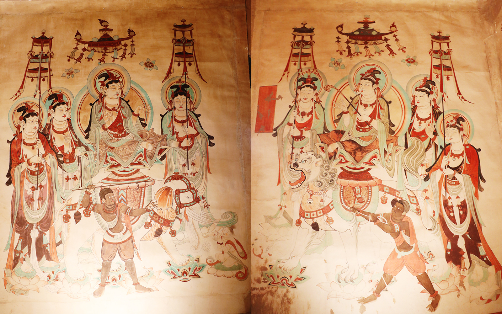 Murals are seen at the replica of Yulin Cave 25 at the Exhibition Center for the Conservation and Research of Dunhuang Cave Relics in Dunhuang, Gansu Province. /CGTN