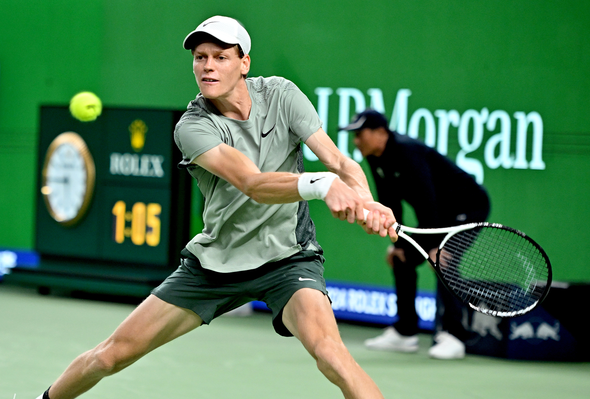 Jannik Sinner of Italy hits a shot against Tomas Machac of the Czech Republic (not pictured) in the men's singles semifinals at the Shanghai Masters in east China's Shanghai Municipality, October 12, 2024. /CFP