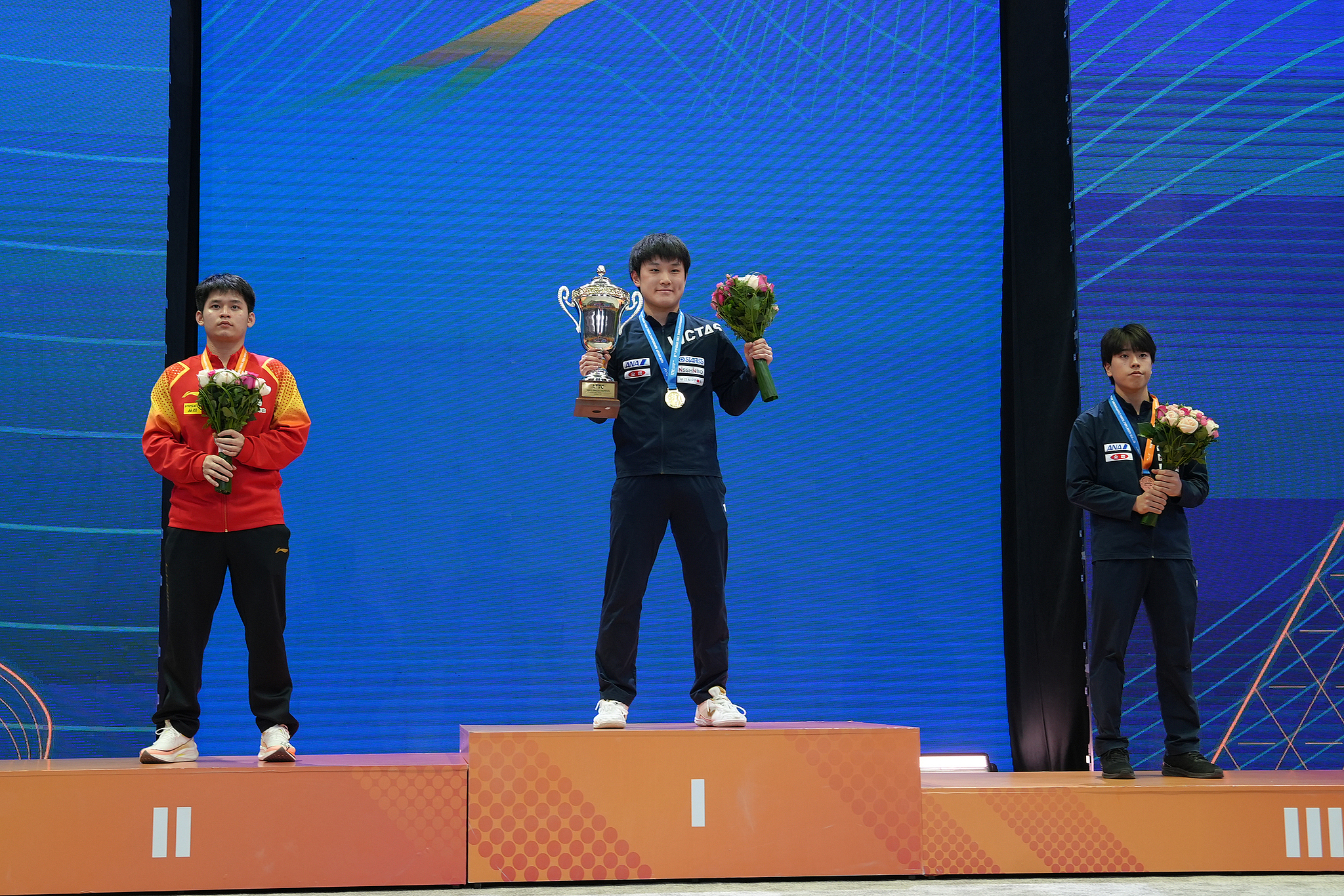 L-R: Silver medalist Lin Shidong of China, gold medalist Tomokazu Harimoto and bronze medalist Hiroto Shinozuka of Japan pose on the podium after participating in the men's singles event at the Asian Table Tennis Championships in in Astana, Kazakhstan, October 13, 2024. /CFP