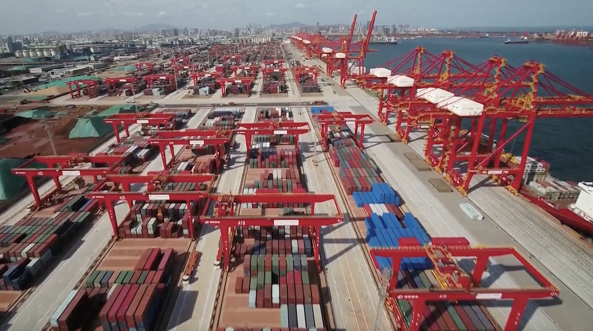 Aerial view of the bustling port featuring cranes and containers on October 9, 2021, in Rizhao, China's Shandong Province. /CFP