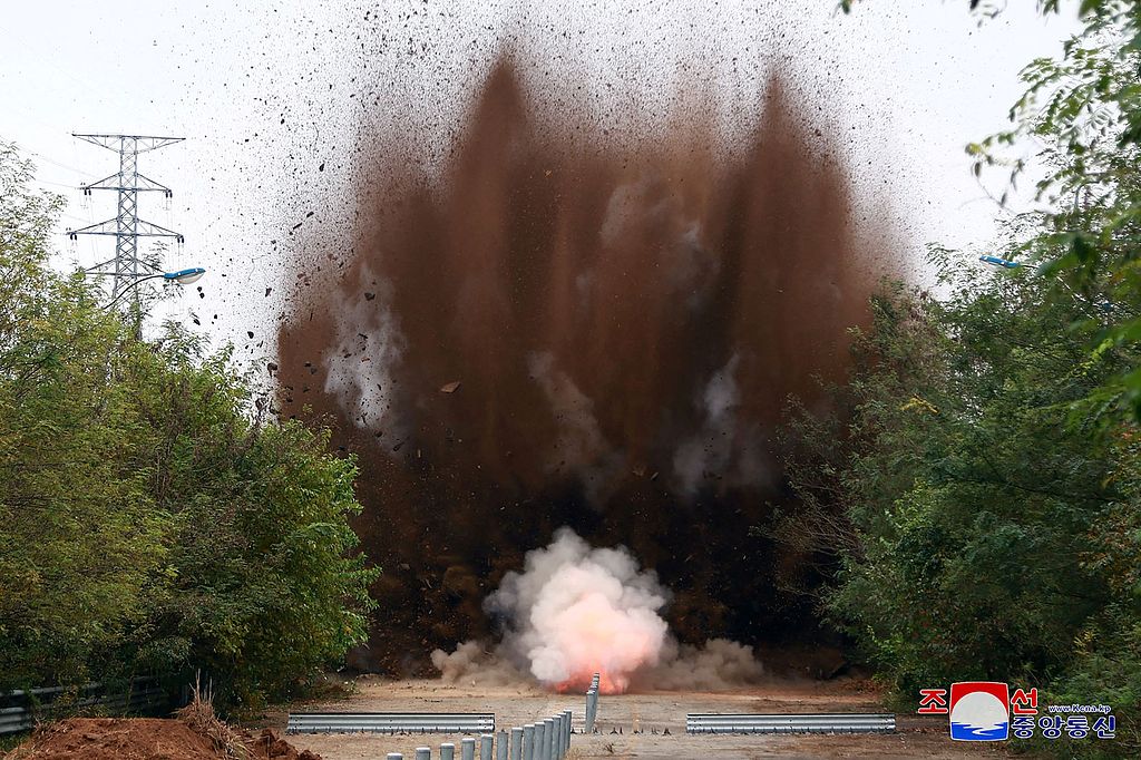 An explosion breaks out as the DPRK's army blows up roads and railways connecting to South Korea, at an unconfirmed location in the DPRK, October 15, 2024. /CFP