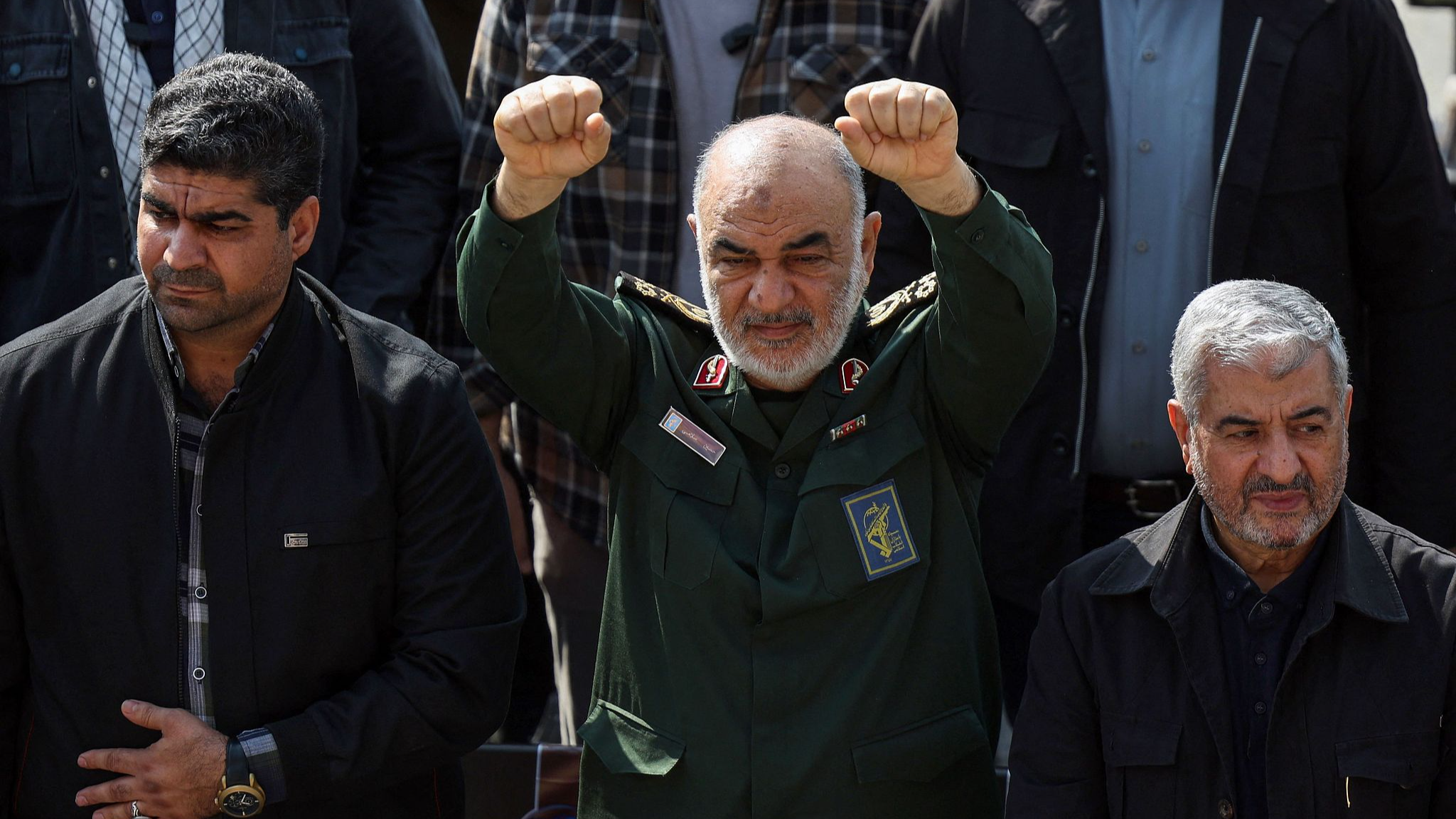 Head of Iran's Islamic Revolutionary Guard Corps (IRGC) Hossein Salami (C) attends the funeral of IRGC commander Abbas Nilforoushan in Tehran, October 15, 2024. /CFP