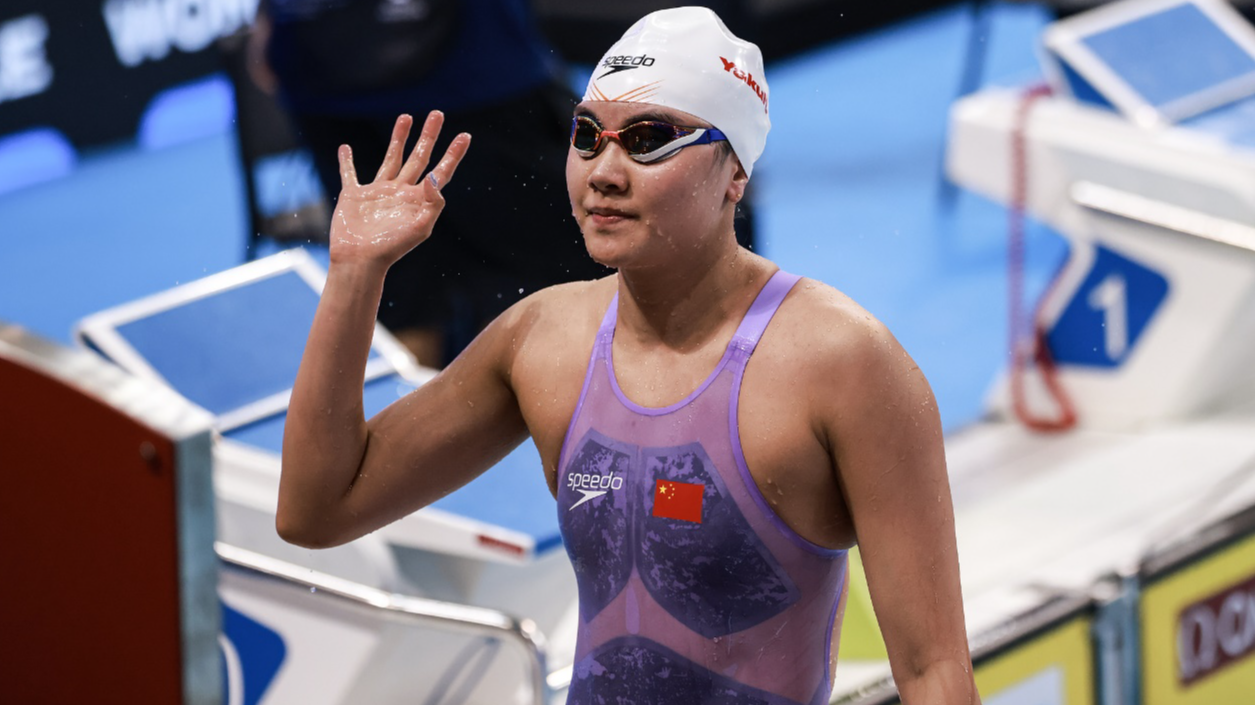 China's Liu Yaxin reacts after winning the women's 400m freestyle final at the World Aquatics Short Course Swimming World Cup in Shanghai, China, October 18, 2024. /CFP