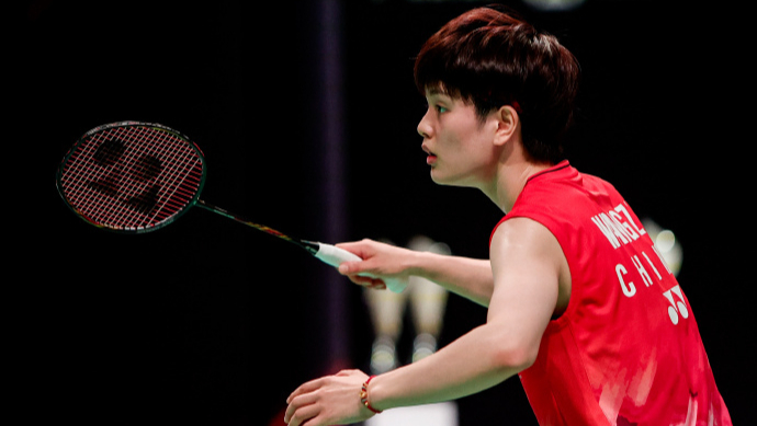 Wang Zhiyi of China competes in the women's singles semifinals against Putri Kusuma Wardani of Indonesia at the Denmark Open in Odense, Denmark, October 19, 2024. /CFP