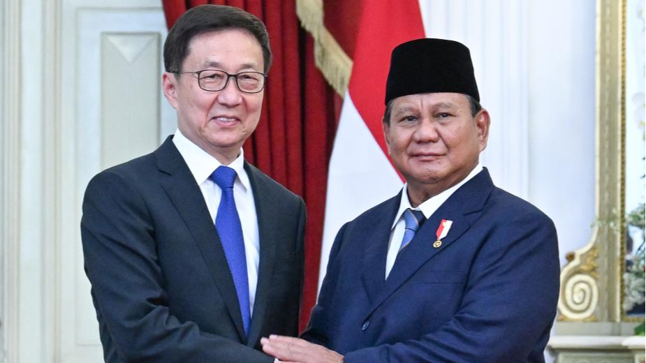 Chinese Vice President Han Zheng (L) meets with Indonesia's new President Prabowo Subianto in Jakarta, Indonesia, October 20, 2024. /Xinhua