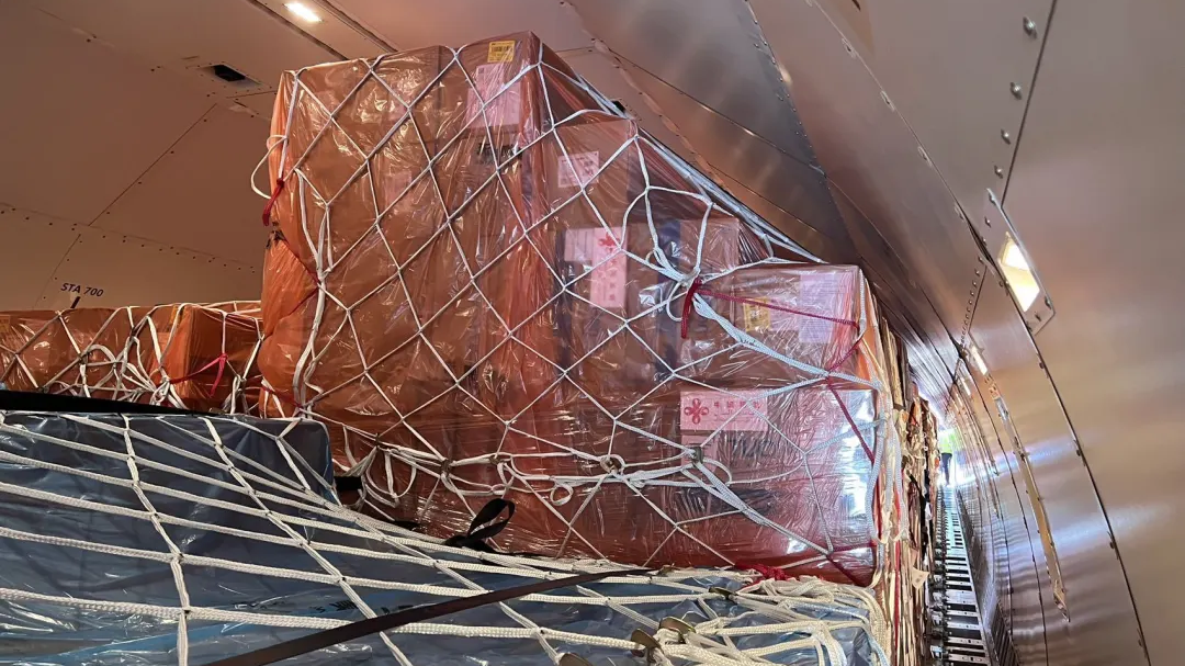 Emergency humanitarian medical supplies as seen aboard a plane from China shortly after it landed in Beirut. The supplies are the fulfillment of a promise made by the China International Development Cooperation to Lebanon. /China Media Group