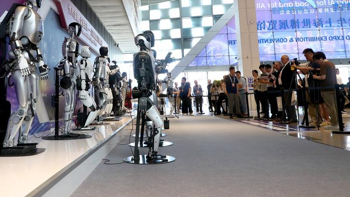 A group of humanoid robots are on display at the entrance of an exhibition held in Shanghai, east China, July 4, 2024. /Xinhua