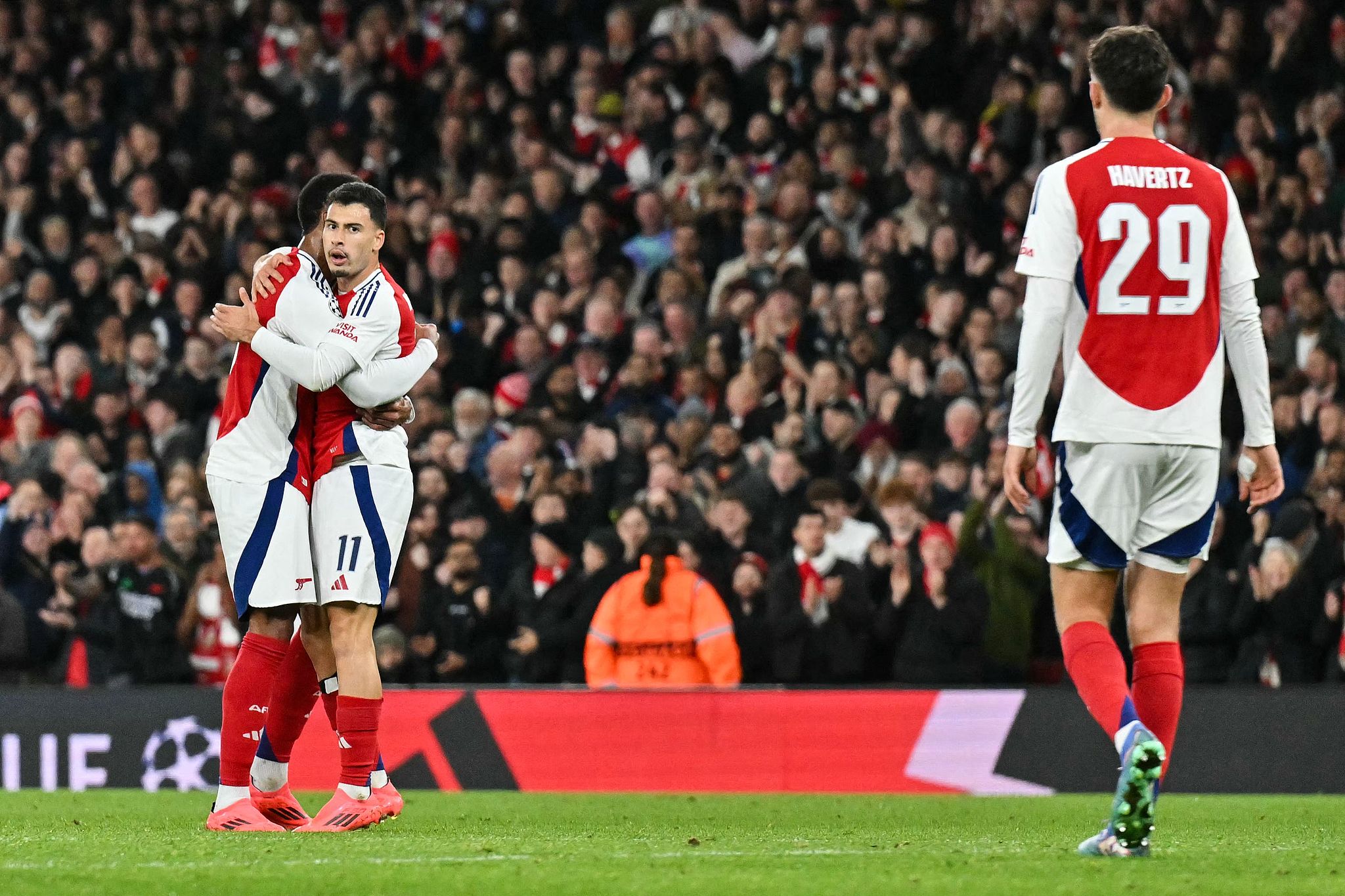 Arsenal players celebrate their first goal and own goal scored by Shakhtar Donetsk's goalkeeper during an UEFA Champions League match in London, UK, October 22, 2024. /CFPa