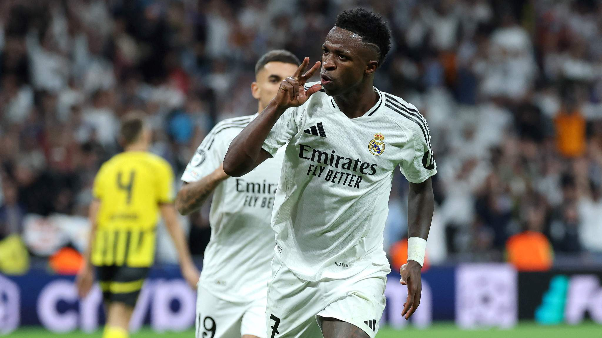 Real Madrid's Brazilian forward Vinicius Junior celebrates scoring a hat-trick and his team's fifth goal during the UEFA Champions League match against Borussia Dortmund in Madrid, Spain, October 22, 2024. /CFP