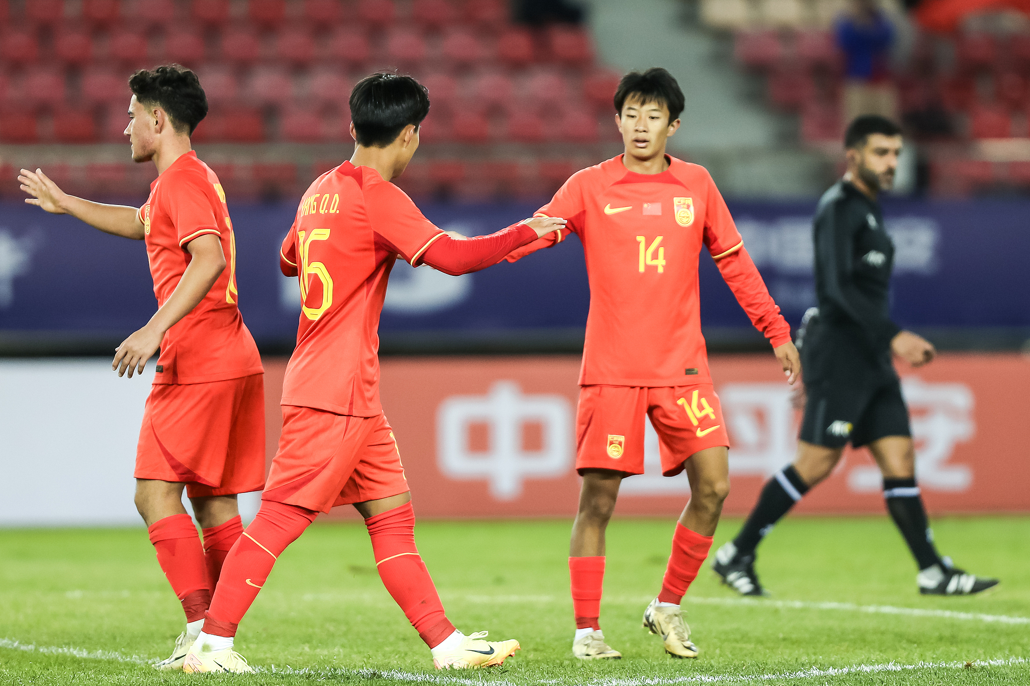 China celebrates after scoring a goal in the 2025 Asian Football Confederation (AFC) under-17 (U17) Asian Cup qualifier game against Bhutan in Dalian, northeast China's Liaoning Province, October 23, 2024. /CFP