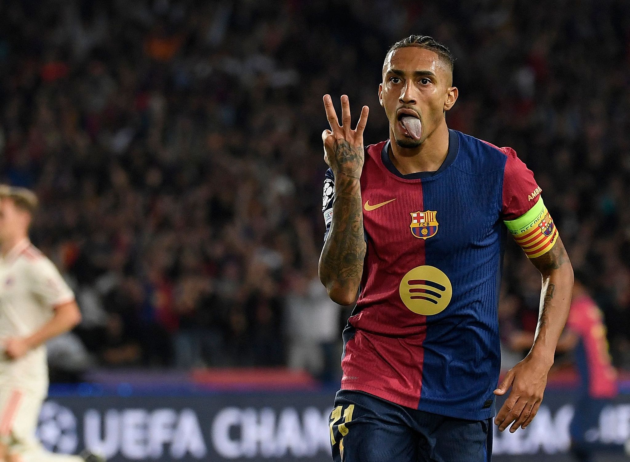 Raphinha of Barcelona celebrates after scoring a hat-trick in the UEFA Champions League game against Bayern Munich at the Estadi Olimpic Lluis Companys in Barcelona, Spain, October 23, 2024. /CFP