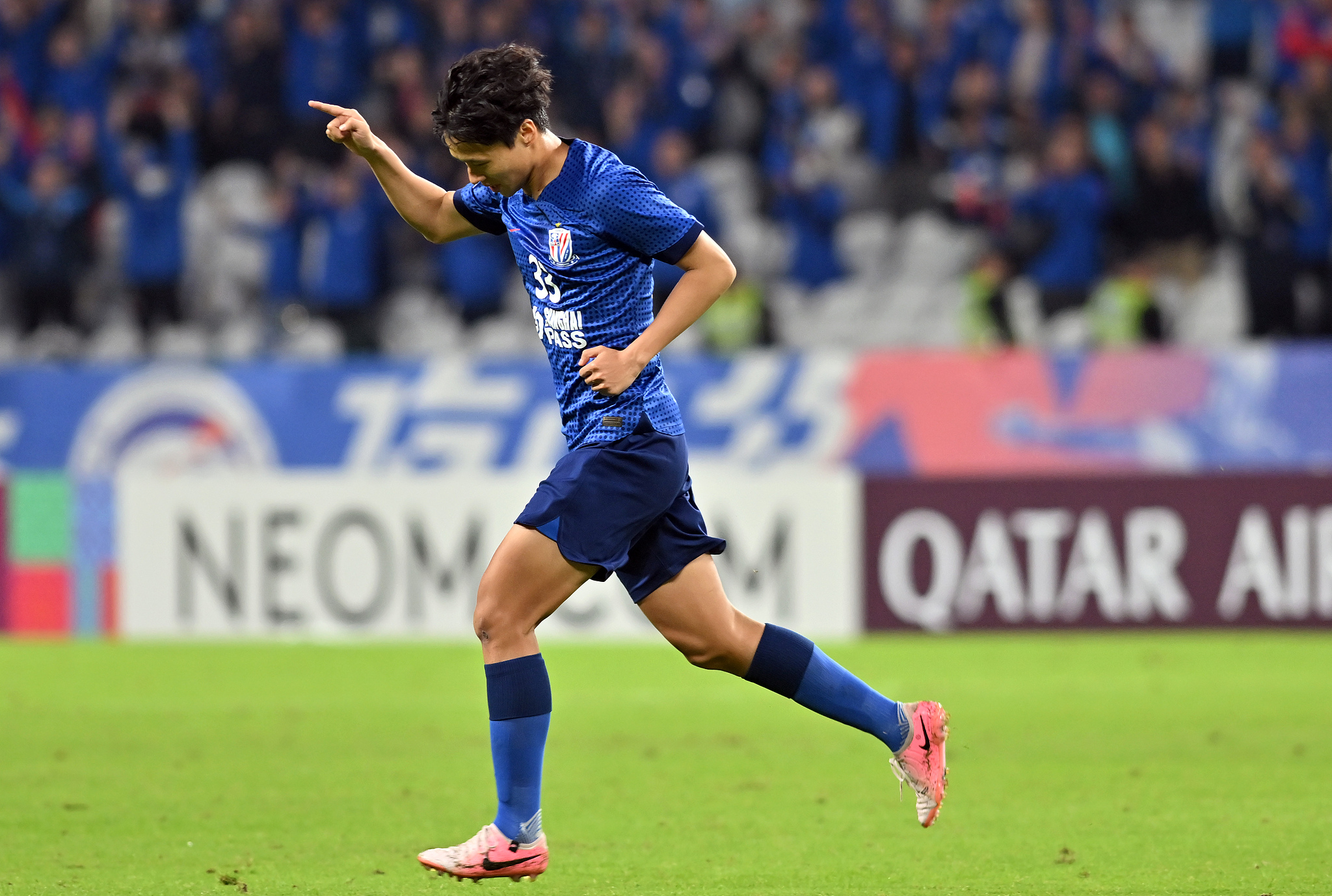 Wang Haijian of Shanghai Shenhua celebrates after scoring a goal in the  Asian Football Confederation (AFC) Champions League Elite game against Kawasaki Frontale in east China's Shanghai Municipality, October 23, 2024. /CFP